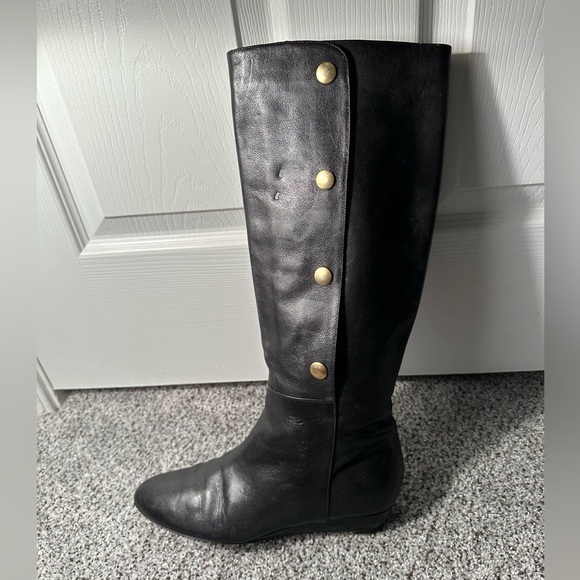 LOEFFLER RANDALL 8.5 Black Leather Low Wedge Knee Boots Gold Snaps R $595 - Picture 2 of 14